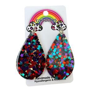 Randans Glitter Resin Teardrop Dangle Earrings Heart Confetti NWT
